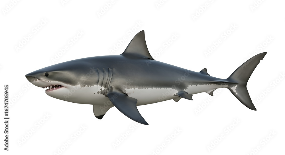 Fototapeta premium Isolated great white shark image for ocean wildlife animal marine life shark predator underwater sea danger on transparent background