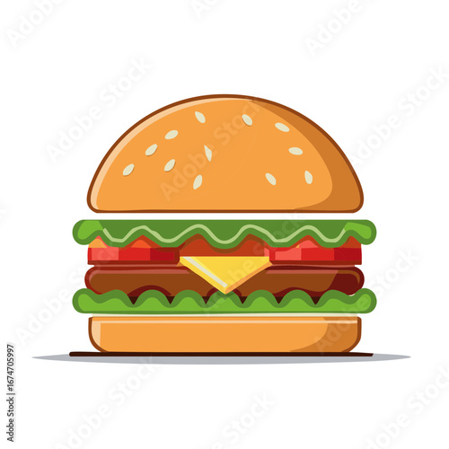 Classic cheeseburger vector illustration with beef patty and fresh lettuce