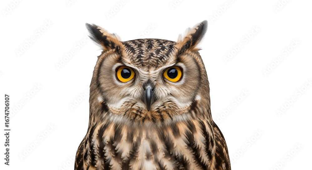 Naklejka premium Close up portrait of a eurasian eagle owl bird of prey with yellow eyes on a black background image on transparent background