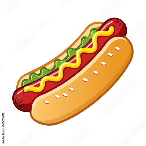 Delicious classic hot dog illustration with mustard relish and bun fast food snack