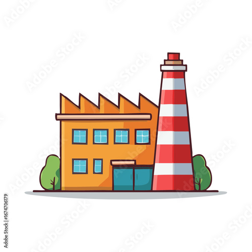 Bright colorful cartoon factory building with a striped smokestack illustration