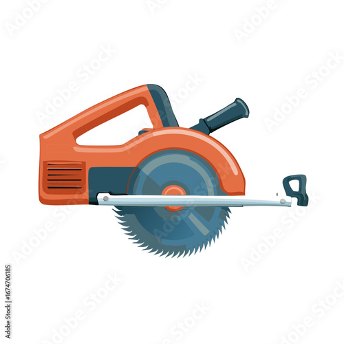 Orange and blue circular saw with a sharp metal blade on a white background