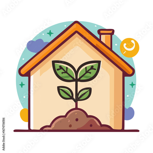 Illustration of house with sprout growing inside symbolizing eco-friendly homes and sustainable living practices