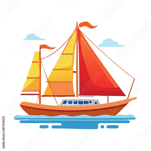 Colorful cartoon sailboat with red and yellow sails cruising on the ocean vector illustration
