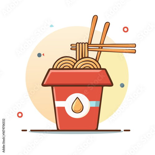Cartoon illustration of instant noodle cup with chopsticks
