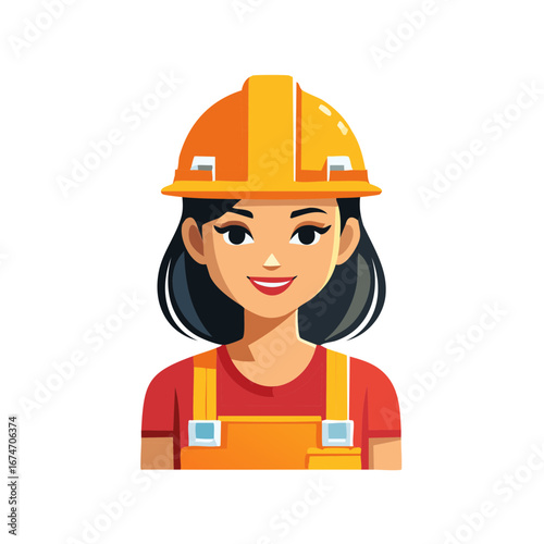 Smiling cartoon female construction worker wearing orange hard hat and safety overalls vector illustration