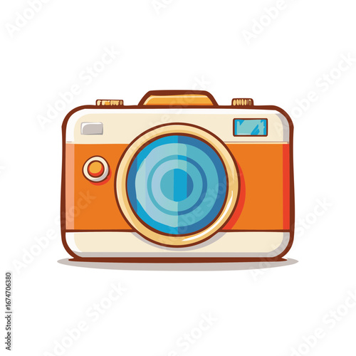 Retro camera with orange and beige body and blue lens cartoon illustration