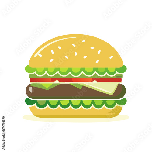 Vibrant Flat Design Hamburger Illustration with Sesame Seed Bun, Fresh Lettuce, Tomato, Cheese, and Beef Patty