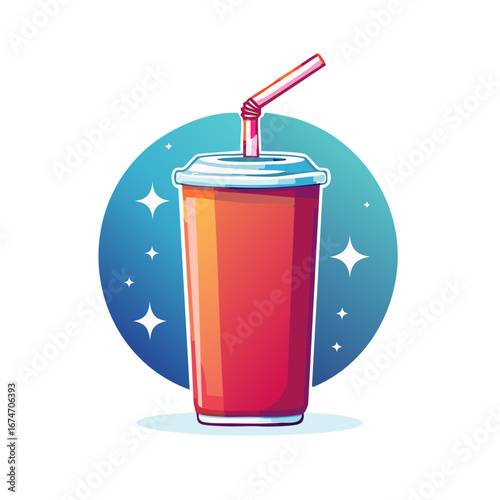 Vibrant cartoon beverage in a disposable cup with straw on a sparkling blue background