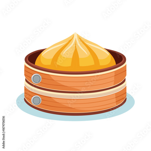 Steamed Pork Soup Dumpling in Bamboo Steamer Baskets, Dim Sum Dish on a Blue Surface. Traditional cuisine.
