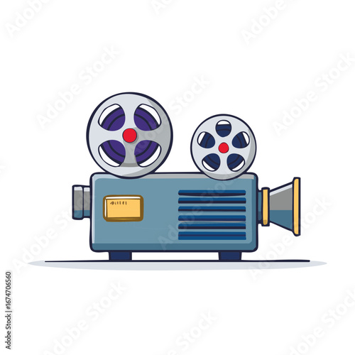 Vintage movie projector with film reels and blue body on a white background