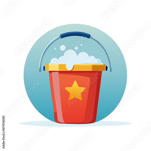 Red cleaning bucket filled with soapy foam featuring a yellow star for household chores or fun activities