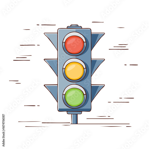 Cartoon traffic light illustration with red, yellow and green lights in a line showing speed