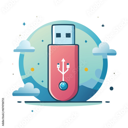 Cartoon style pink USB flash drive illustration digital data storage and sharing technology concept