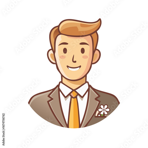 Charming Young Man in Suit and Tie with Flower, Cartoon Vector Portrait