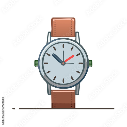 Analog wristwatch illustration with leather strap, blue hour hand, red minute hand, and silver face