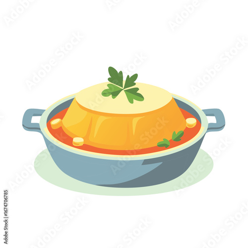 Appetizing baked pudding with red sauce and parsley garnish in a serving dish