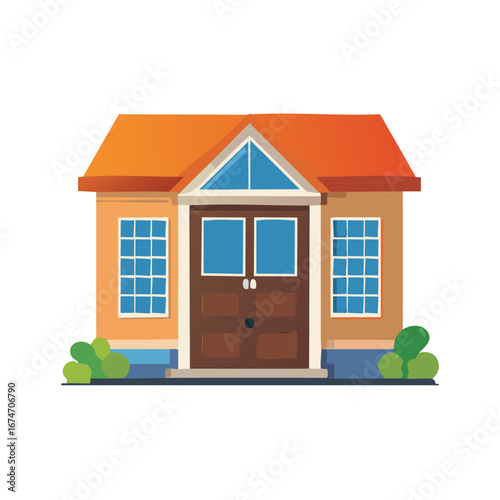 Illustration of a Small Residential House with Orange Roof and Front Door