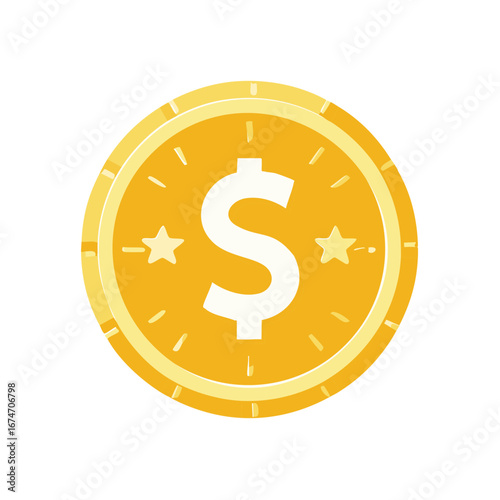Illustration of a golden dollar coin with stars and dollar symbol