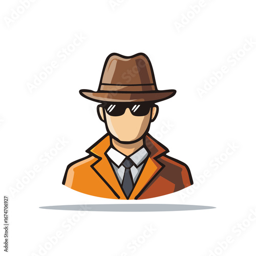 Anonymous secret agent in a fedora hat, sunglasses, and trench coat. Mysterious detective vector icon.