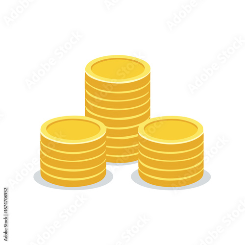Three stacks of shiny gold coins isometric illustration representing wealth finance and economy