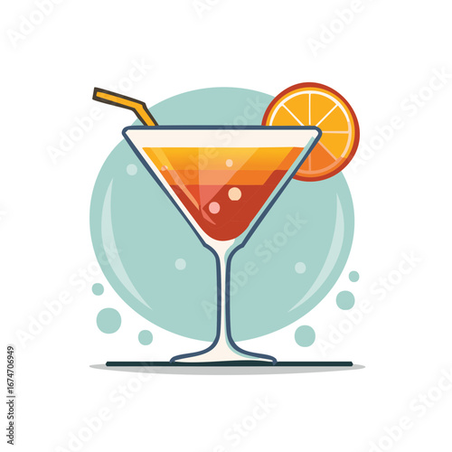 Vibrant Cocktail in Martini Glass with Orange Slice and Straw Refreshing Summer Drink Illustration