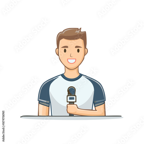 Smiling cartoon reporter holding microphone, news coverage illustration