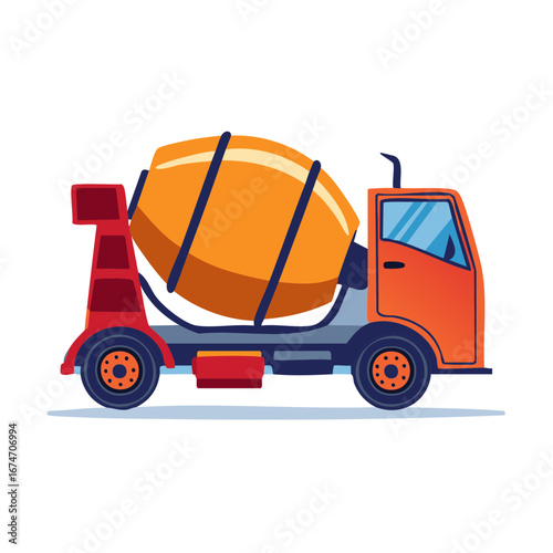 Bright orange cement mixer truck with a red base and blue accents, isolated on white