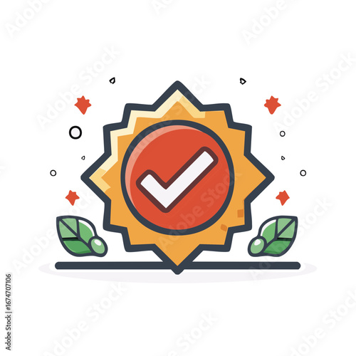 Award stamp with checkmark and leaves representing quality assurance and approval