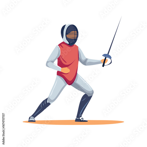 Fencer in Protective Gear Holding Foil Ready to Strike Stance on Fencing Strip