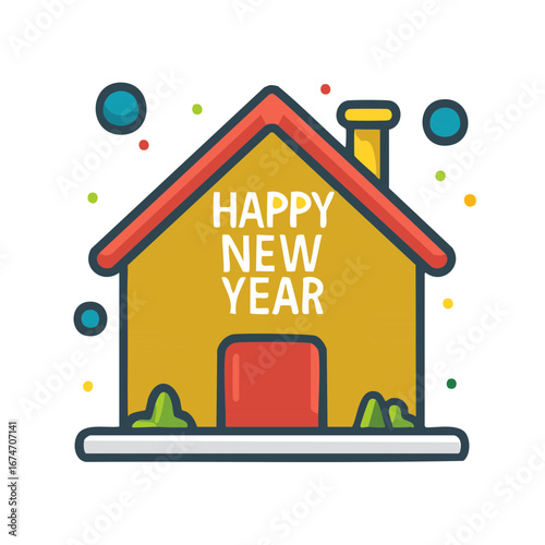 Happy New Year greeting on a festive cartoon house illustration with colorful confetti