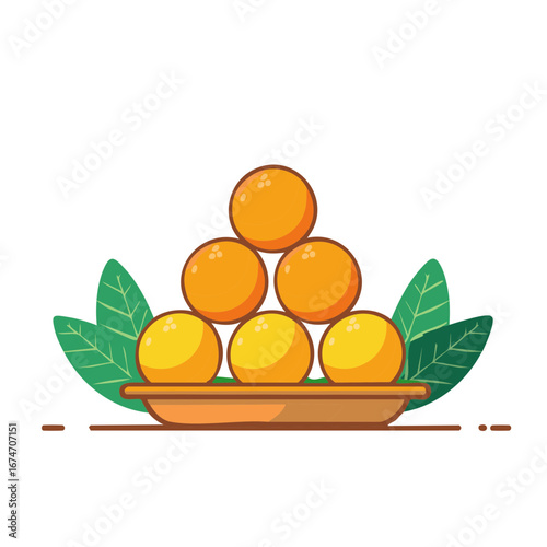 Vector illustration of Indian Laddu sweets stacked in a pyramid on a plate with leaves