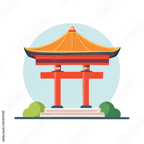 Traditional Japanese temple gate Torii shrine architecture illustration with pagoda roof and minimalist background