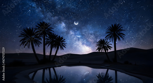 Serene desert night scene with palm trees silhouetted against a vibrant milky way and a crescent moon reflecting in a still pool under a starry sky creating a tranquil atmosphere