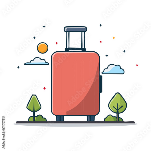 Cartoon illustration of a red travel suitcase with outdoor elements