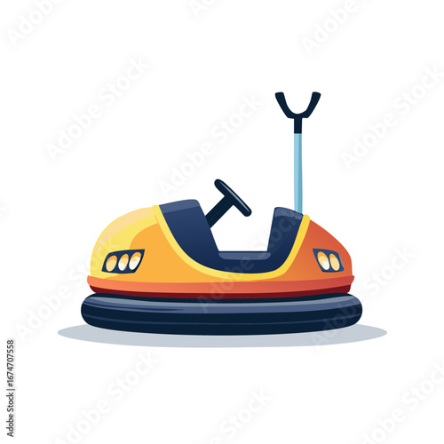 Bright yellow bumper car with a blue seat and black steering wheel at an amusement park