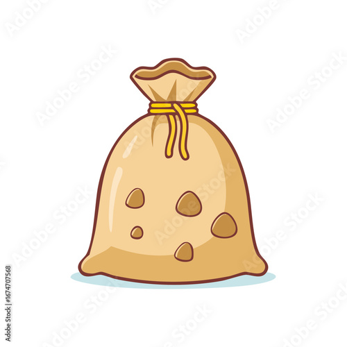 Cartoon style full money bag or treasure sack tied with a yellow string isolated illustration