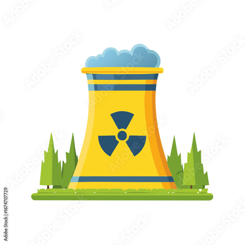 Cartoon Nuclear Power Plant Building with Trees Illustration