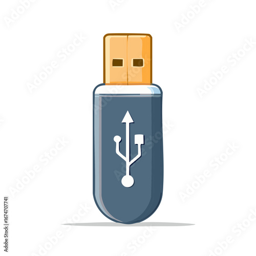 Stylized cartoon USB flash drive with universal symbol for digital data storage and transfer