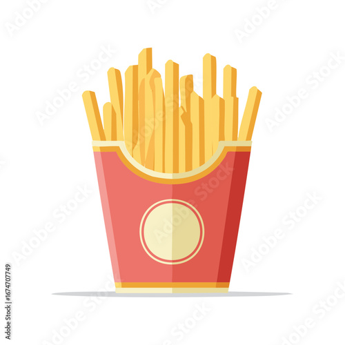 Crispy golden french fries overflowing from a red and beige container with a retro graphic design for takeout meals