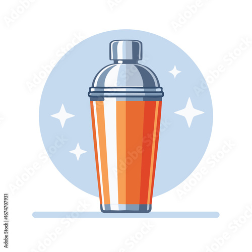 Elegant metal cocktail shaker for party drinks illustration against a light blue background adorned with sparkling stars