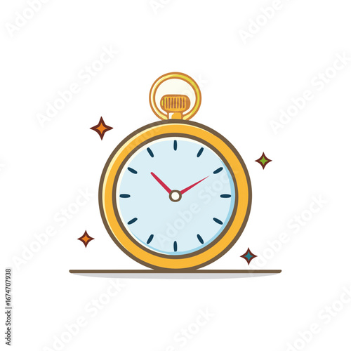 Elegant shining golden pocket watch cartoon illustration with bright red hands for precise timekeeping