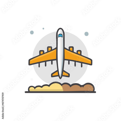 A vibrant, stylized illustration of an orange passenger jet plane soaring through the sky above clouds.