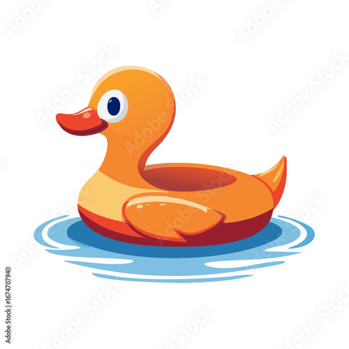 Bright orange rubber ducky floating on blue water waves cartoon vector illustration
