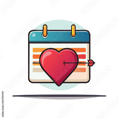 Valentine's Day calendar icon with a heart pierced by Cupid's arrow for a romantic date