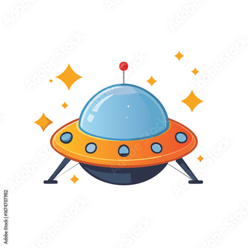 Whimsical cartoon flying saucer hovering with sparkling stars and a beacon