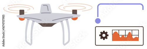 Flying Quadcopter with spinning propellers connecting to a control interface displaying data and analytics. Ideal for technology, innovation, automation, surveillance, delivery, AI, exploration