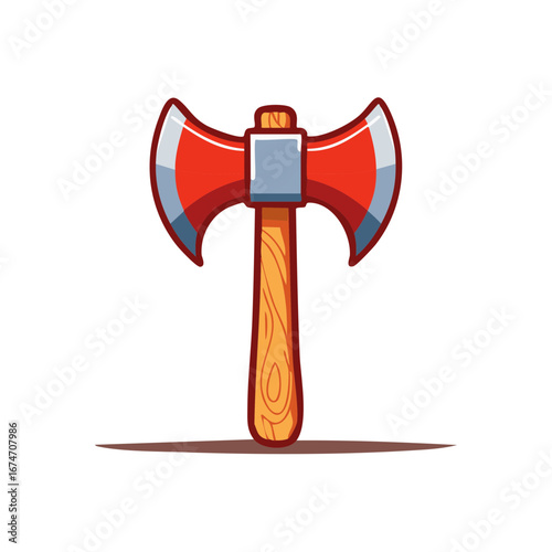Double bladed axe fantasy cartoon icon game weapon wood handle red blade sharp tool adventure object