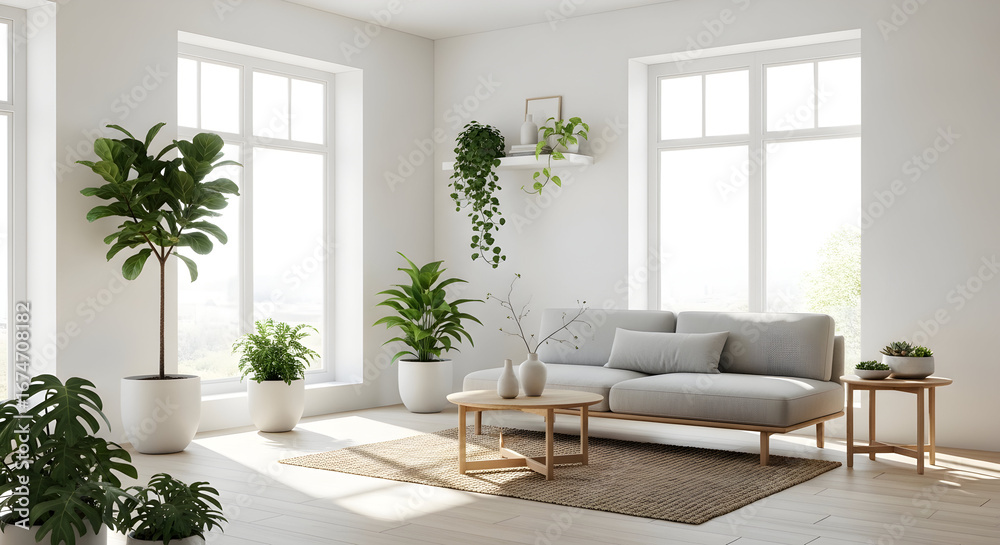 Fototapeta premium Bright and airy living room with modern furniture and indoor plants creating a serene and inviting space filled with natural light from large windows perfect for relaxation