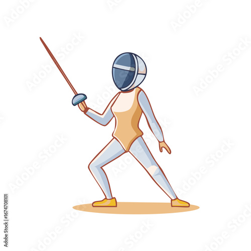 Cartoon Fencer in protective gear striking a pose holding epee sword during competition